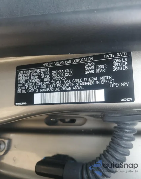 2011 Volvo Xc60 3.2 z USA, uszkodzony, nr VIN YV4940DZ9B2148141